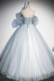 Blue Tulle Long A-Line Prom Dress, Blue Off the Shoulder Evening Dress HZ1024