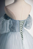Blue Tulle Long A-Line Prom Dress, Blue Off the Shoulder Evening Dress HZ1024