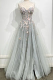 Gray Strapless Lace Long A Line Prom Gown, Graduation Dress HZ1024