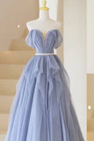 Blue Off Shoulder Tulle Long Formal Dress, A-Line Blue Evening Dress HZ1024