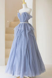 Blue Off Shoulder Tulle Long Formal Dress, A-Line Blue Evening Dress HZ1024