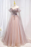 Pink Tulle Beaded Long Prom Dress, Off the Shoulder Evening Dress HZ1024