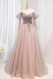 Pink Tulle Beaded Long Prom Dress, Off the Shoulder Evening Dress HZ1024