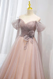 Pink Tulle Beaded Long Prom Dress, Off the Shoulder Evening Dress HZ1024