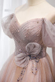 Pink Tulle Beaded Long Prom Dress, Off the Shoulder Evening Dress HZ1024