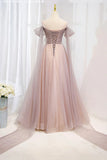 Pink Tulle Beaded Long Prom Dress, Off the Shoulder Evening Dress HZ1024