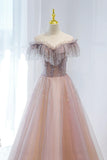Pink Tulle Beaded Long Formal Dress, Pink V-Neck Prom Dress HZ1024