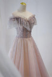 Pink Tulle Beaded Long Formal Dress, Pink V-Neck Prom Dress HZ1024