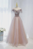 Pink Tulle Beaded Long Formal Dress, Pink V-Neck Prom Dress HZ1024