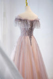 Pink Tulle Beaded Long Formal Dress, Pink V-Neck Prom Dress HZ1024