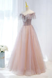 Pink Tulle Beaded Long Formal Dress, Pink V-Neck Prom Dress HZ1024