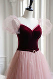Burgundy Velvet and Pink Tulle Long A-Line Prom Dress, Lovely Party Dress HZ1024