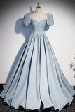 Blue Satin Pearl Long Prom Dress, Blue A-Line Short Sleeve Evening Dress HZ1024