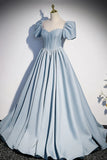 Blue Satin Pearl Long Prom Dress, Blue A-Line Short Sleeve Evening Dress HZ1024