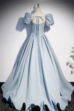 Blue Satin Pearl Long Prom Dress, Blue A-Line Short Sleeve Evening Dress HZ1024