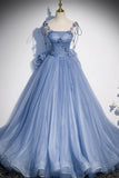 Blue Spaghetti Strap Tulle Long Dress, Blue Evening Dress with Bow HZ1024