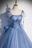 Blue Spaghetti Strap Tulle Long Dress, Blue Evening Dress with Bow HZ1024