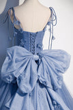 Blue Spaghetti Strap Tulle Long Dress, Blue Evening Dress with Bow HZ1024