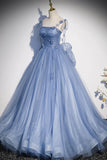 Blue Spaghetti Strap Tulle Long Dress, Blue Evening Dress with Bow HZ1024