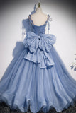 Blue Spaghetti Strap Tulle Long Dress, Blue Evening Dress with Bow HZ1024
