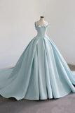 Blue Satin Long A-Line Ball Gown, Blue Evening Gown with Train HZ1024