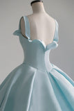Blue Satin Long A-Line Ball Gown, Blue Evening Gown with Train HZ1024