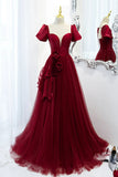 A-Line Satin Tulle Long Prom Dresses, Burgundy Evening Dresses HZ1024