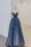 Blue Tulle Layers Straps Beaded Long Prom Dresses, A-Line Evening Dresses HZ1024