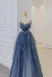 Blue Tulle Layers Straps Beaded Long Prom Dresses, A-Line Evening Dresses HZ1024