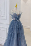 Blue Tulle Layers Straps Beaded Long Prom Dresses, A-Line Evening Dresses HZ1024