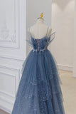 Blue Tulle Layers Straps Beaded Long Prom Dresses, A-Line Evening Dresses HZ1024