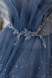 Blue Tulle Layers Straps Beaded Long Prom Dresses, A-Line Evening Dresses HZ1024