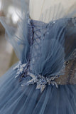 Blue Tulle Layers Straps Beaded Long Prom Dresses, A-Line Evening Dresses HZ1024