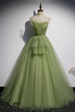 Green Tulle Long A-Line Prom Dresses, Green Spaghetti Straps Evening Dresses HZ1024