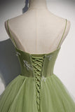 Green Tulle Long A-Line Prom Dresses, Green Spaghetti Straps Evening Dresses HZ1024