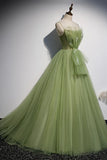 Green Tulle Long A-Line Prom Dresses, Green Spaghetti Straps Evening Dresses HZ1024