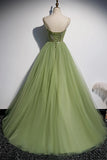 Green Tulle Long A-Line Prom Dresses, Green Spaghetti Straps Evening Dresses HZ1024