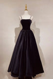Black Velvet Pearls Long Prom Dresses, Black A-Line Evening Party Dresses HZ1024