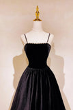 Black Velvet Pearls Long Prom Dresses, Black A-Line Evening Party Dresses HZ1024
