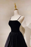 Black Velvet Pearls Long Prom Dresses, Black A-Line Evening Party Dresses HZ1024