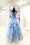Blue V-Neck Lace Long Prom Dresses, A-Line Formal Evening Dresses HZ1024