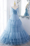 A-Line Tulle Long Prom Dresses, V-Neck Spaghetti Strap Long Princess Dresses HZ1024