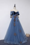 Blue Velvet Tulle Long Prom Dresses, Off the Shoulder Evening Dresses HZ1024