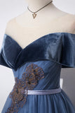 Blue Velvet Tulle Long Prom Dresses, Off the Shoulder Evening Dresses HZ1024