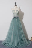 Green Lovely Tulle Straps Long A-Line Prom Dresses, Green Evening Dresses HZ1024