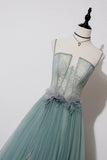 Green Lovely Tulle Straps Long A-Line Prom Dresses, Green Evening Dresses HZ1024
