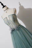 Green Lovely Tulle Straps Long A-Line Prom Dresses, Green Evening Dresses HZ1024