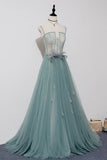 Green Lovely Tulle Straps Long A-Line Prom Dresses, Green Evening Dresses HZ1024