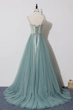 Green Lovely Tulle Straps Long A-Line Prom Dresses, Green Evening Dresses HZ1024