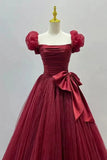 Burgundy Tulle Short Sleeve A-Line Formal Dresses, Burgundy Evening Dresses HZ1024